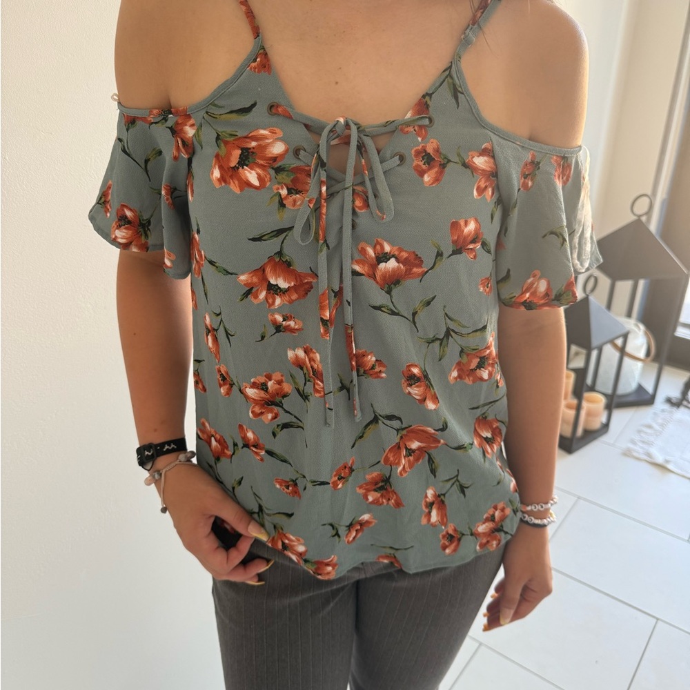 Daytrip Floral Cold Shoulder Blouse - Teal and Orange